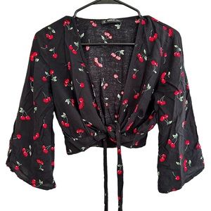 SHEIN Cherries Black Crop Top Size S small Womens blouse Tunic 3/4 Bell Sleeves
